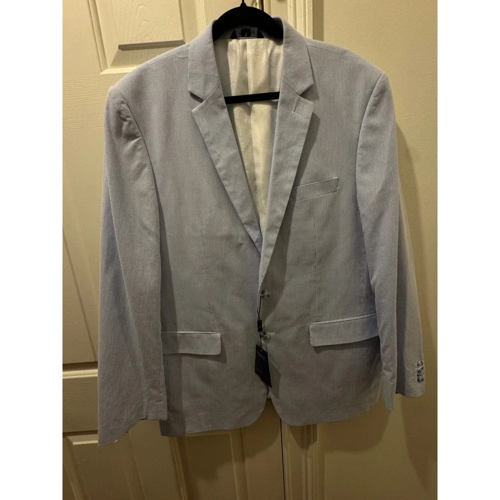 Afazzy New York Mens 48L Seersucker Blazer Light Blue White Striped Jacket‎ NWT